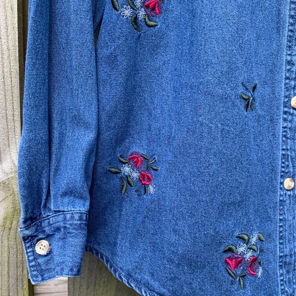 Denim Button Up Embroidered Floral Top - Picture 3 of 5